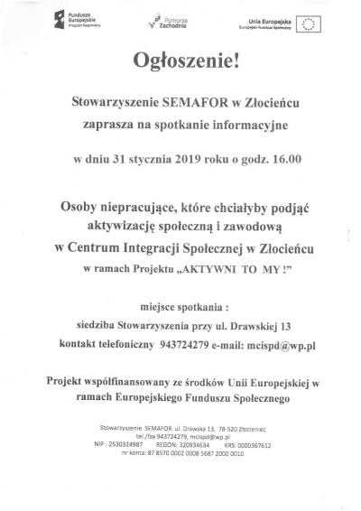 Ogłoszenie -Stowarzyszenie Semafor